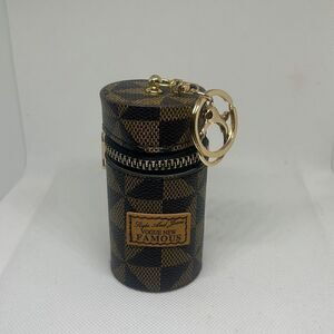 Plaid Brown Faux Leather Coin Purse with Zipper and Keychain